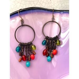 Vintage Boho Metal Hoop with multicolored bead dangles, Copper tone, Unmarked